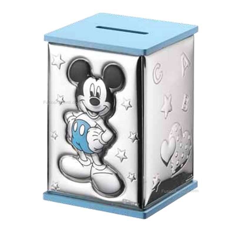 Salvadanaio mickey mouse valenti disney cm 8x8 h 115 - celeste salvadanaio  legno placca argento vld510/c prima infanzia offerta Fusco Argenti Gioielli